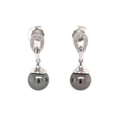 Dark Pearl & Diamond Design 18ct Earrings